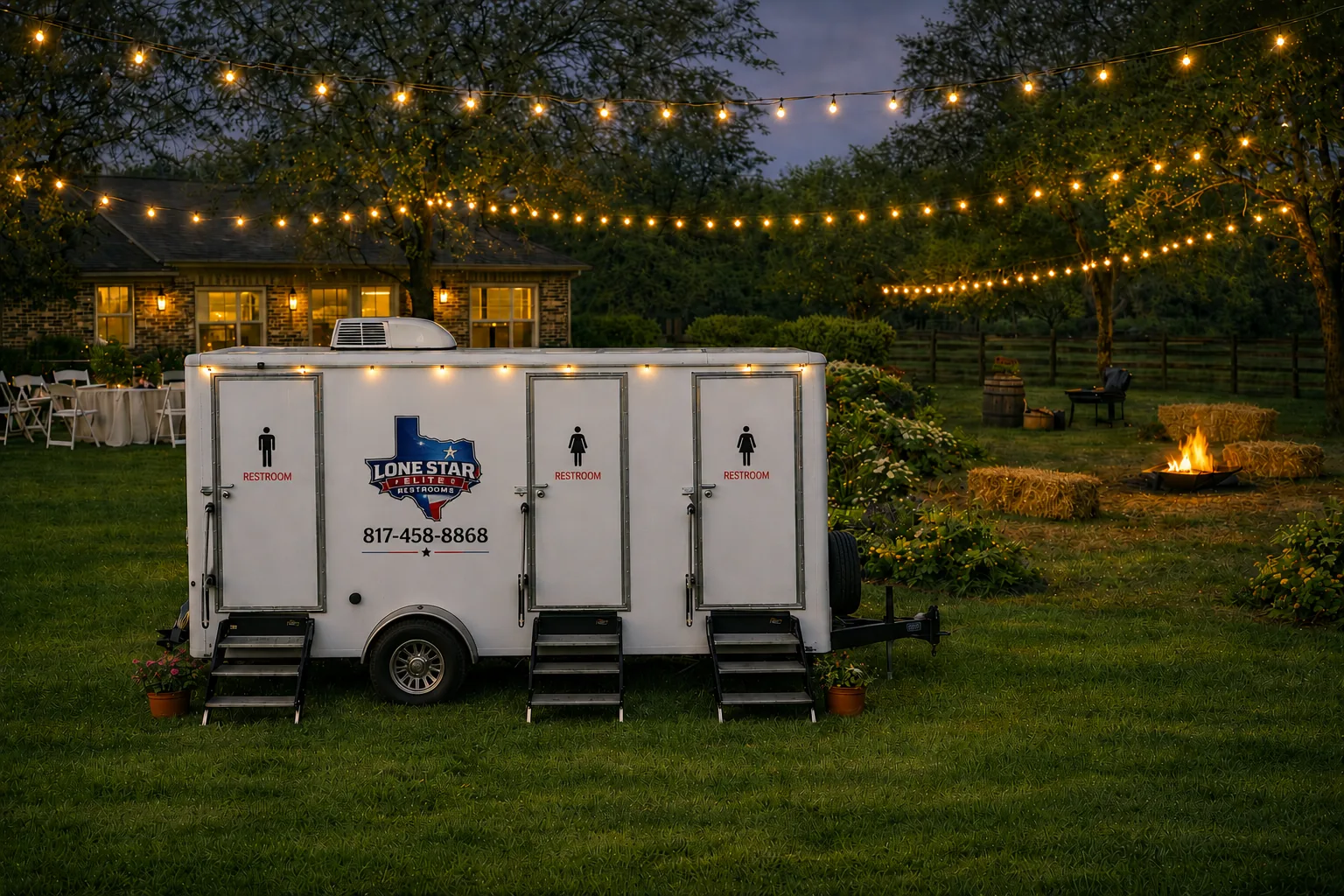 Luxury restroom trailer with string lights at elegant evening event