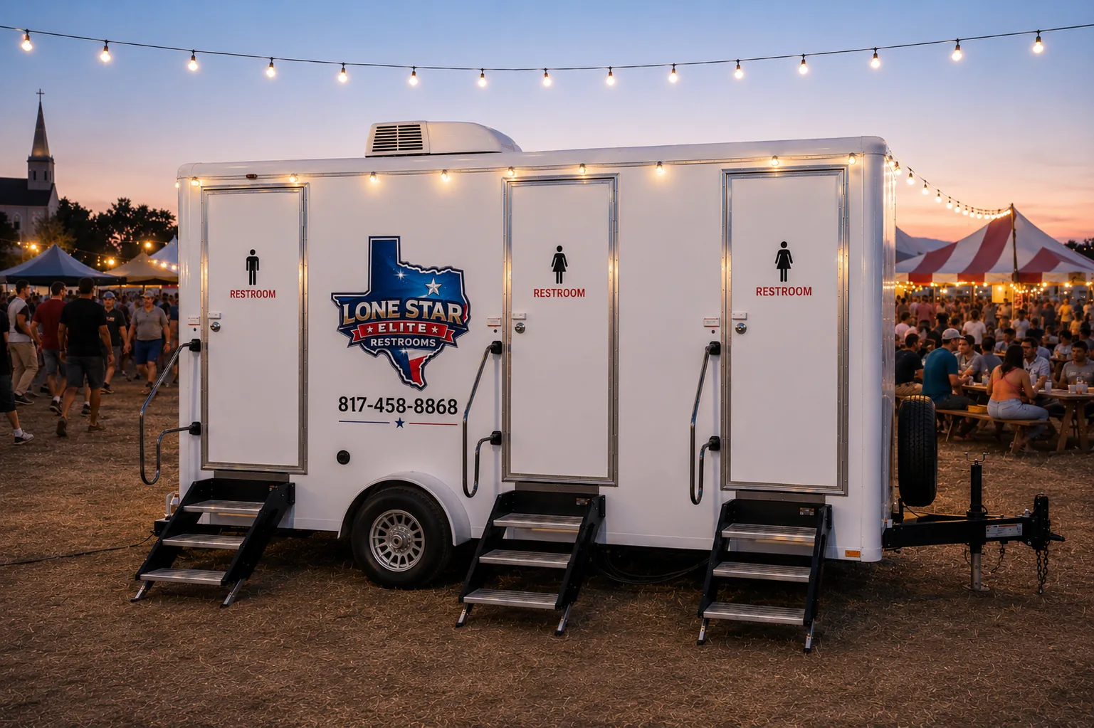 Luxury restroom trailer at outdoor Texas festival event