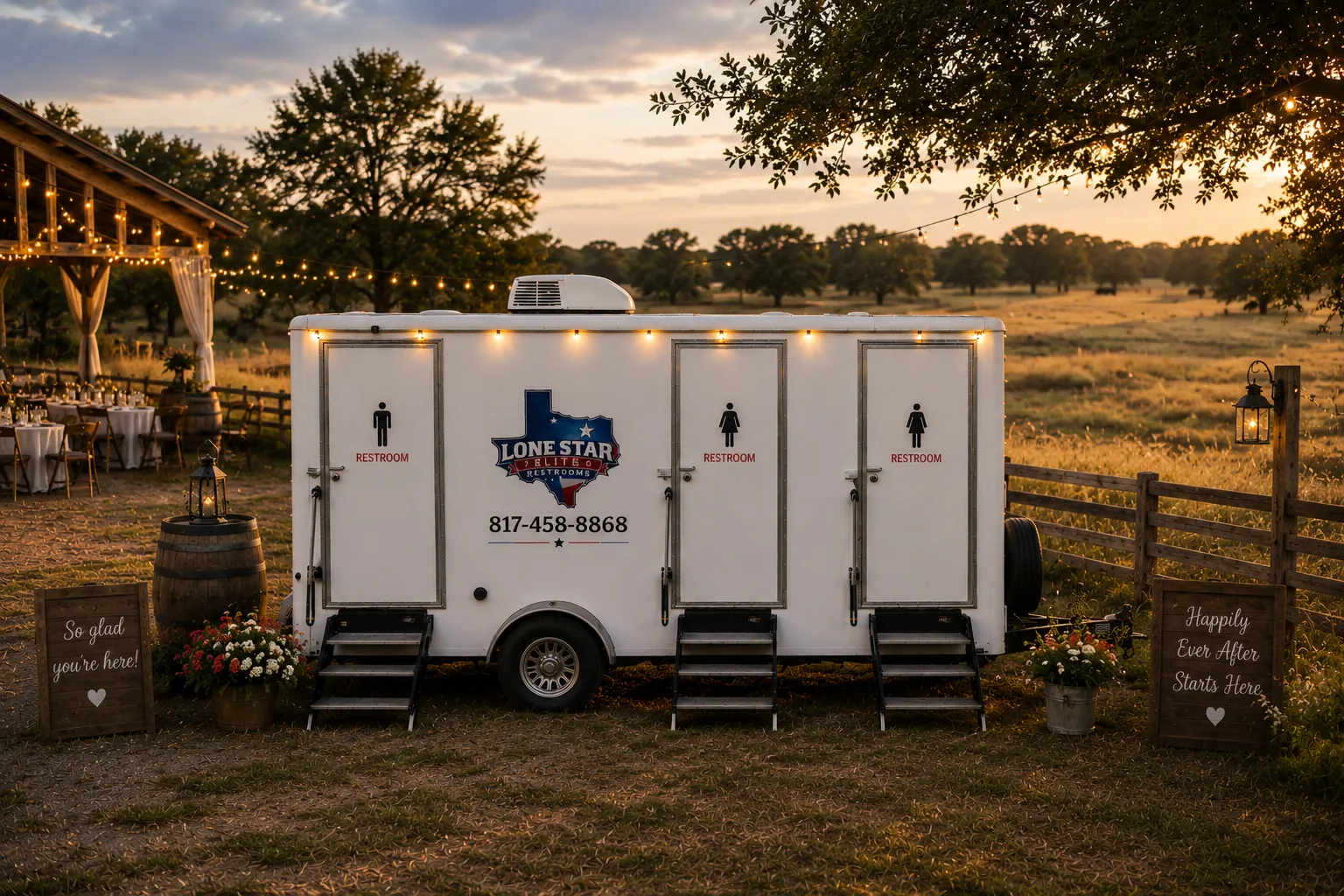 Luxury restroom trailer at Texas ranch wedding during sunset